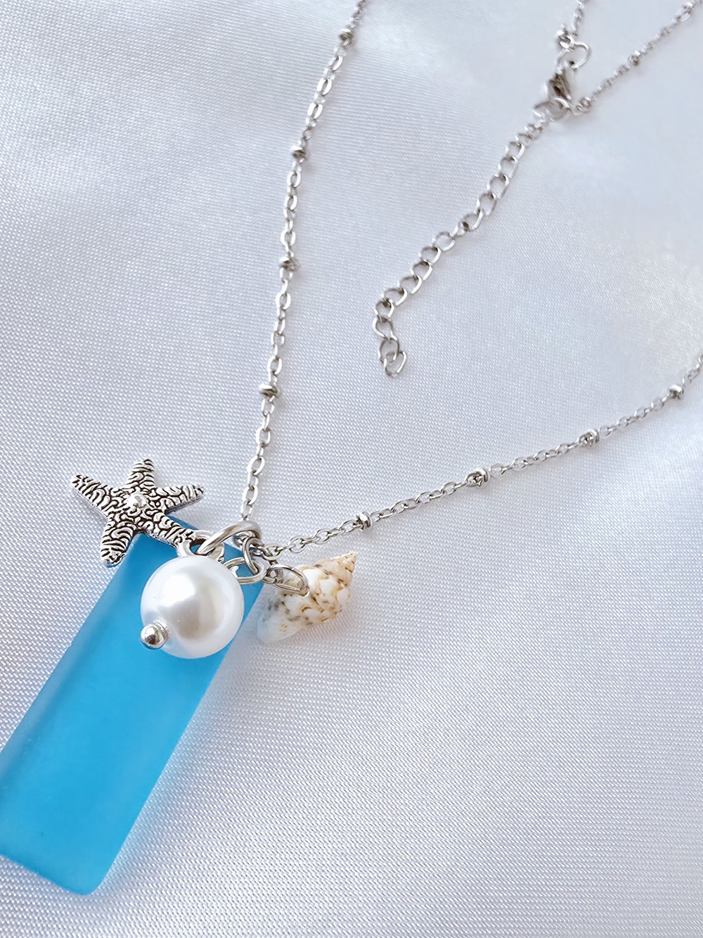 Silvertone Necklace with Turquoise Sea Glass Bar, Pearl & Starfish & Shell Charm